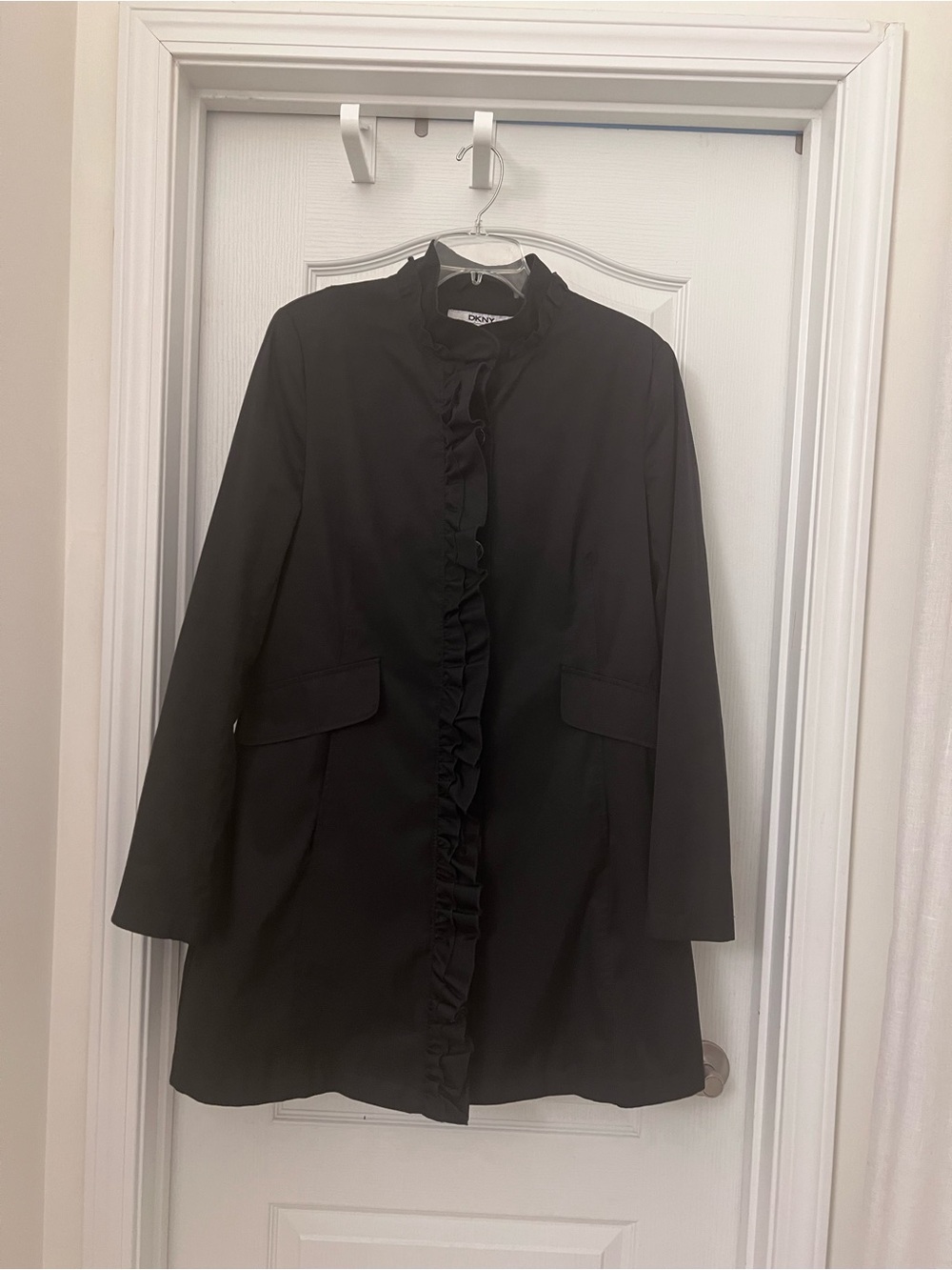 DKNY Black Ruffle-Front Trench Coat